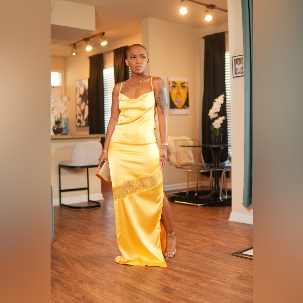 Satin Cowl Neck Maxi Dress in Yellow